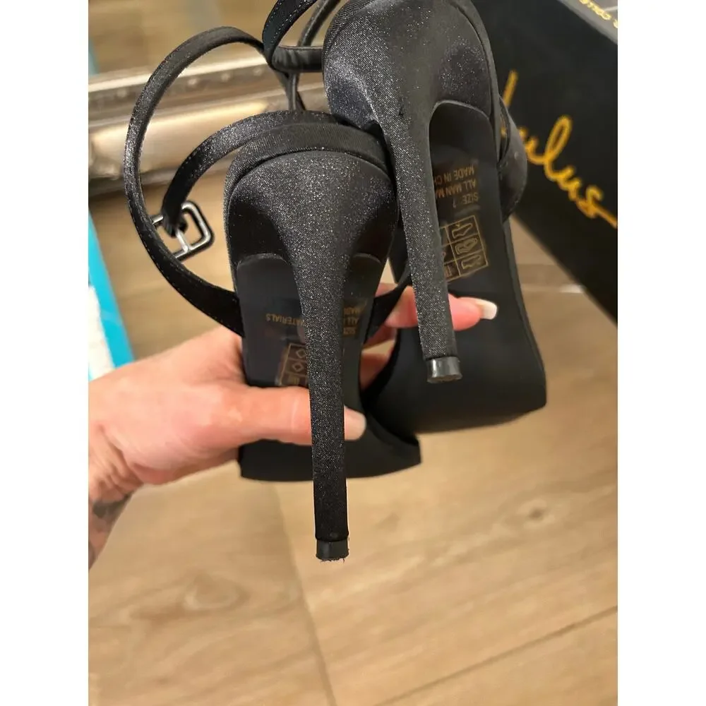 Black Satin Red Rosette Ankle Strap Heels by Lulus Size 7